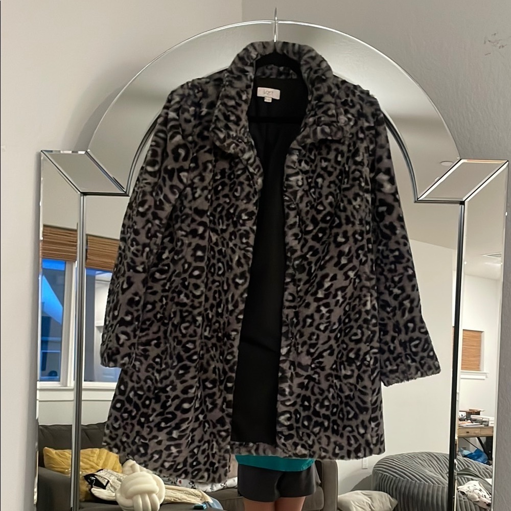 LOFT Gray Leopard Print Teddy Jacket